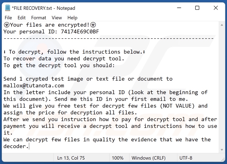 Mensaje de demanda de rescate del ransomware Bozon (FILE RECOVERY.txt)