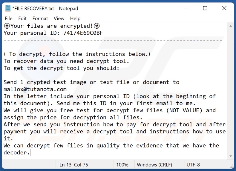 Mensaje de demanda de rescate del ransomware Bozon (FILE RECOVERY.txt)