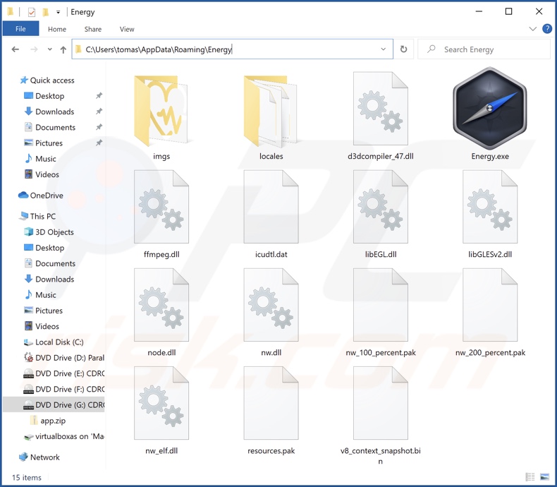Carpeta de instalación del adware Energy