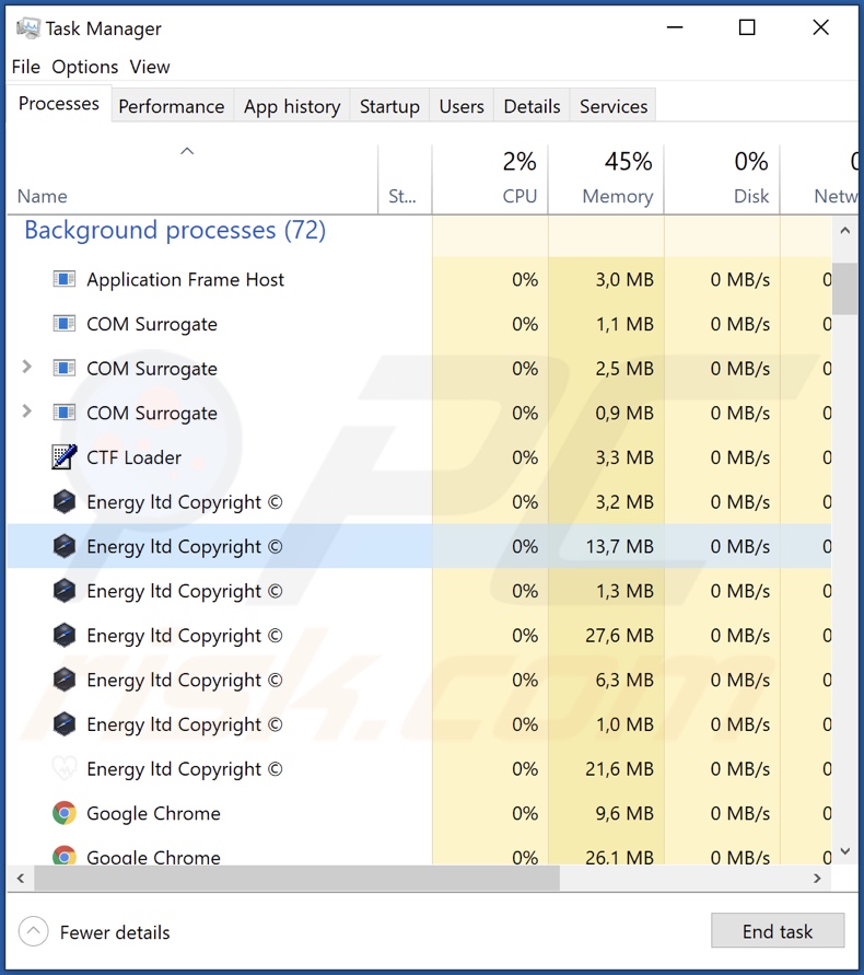 Proceso de adware Energy en el Administrador de Tareas (Energy ltd Copyright © - nombre del proceso)