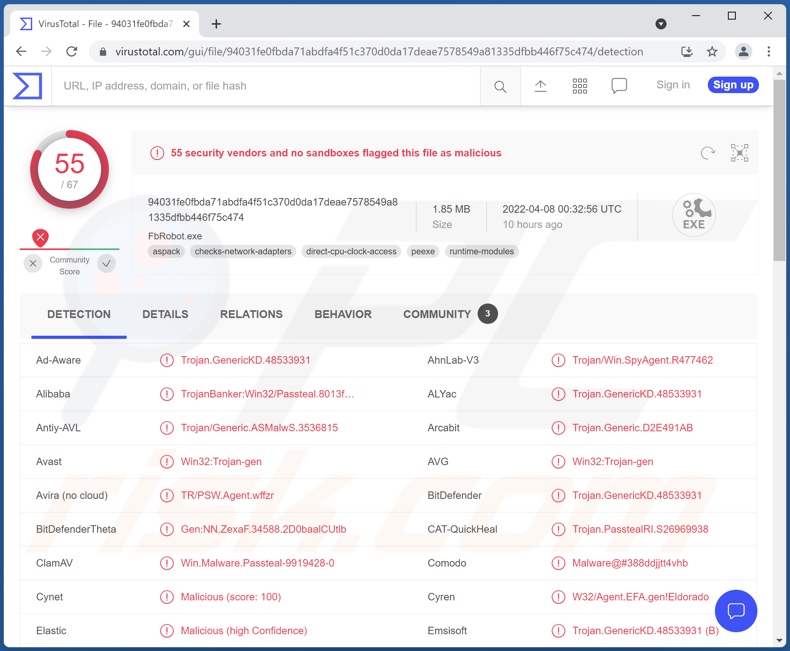 Detecciones del malware FFDroider en VirusTotal