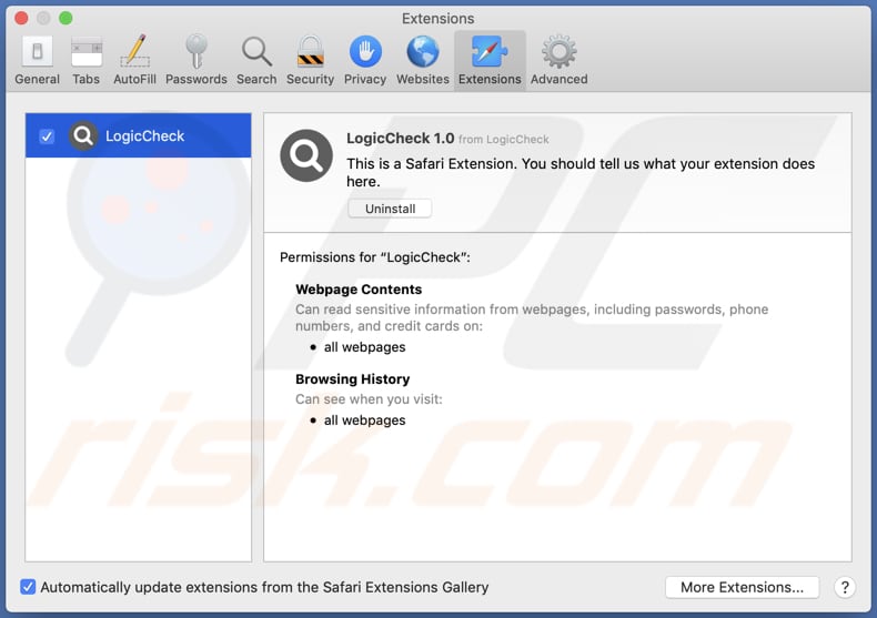 Adware LogicCheck instalado en el navegador Safari