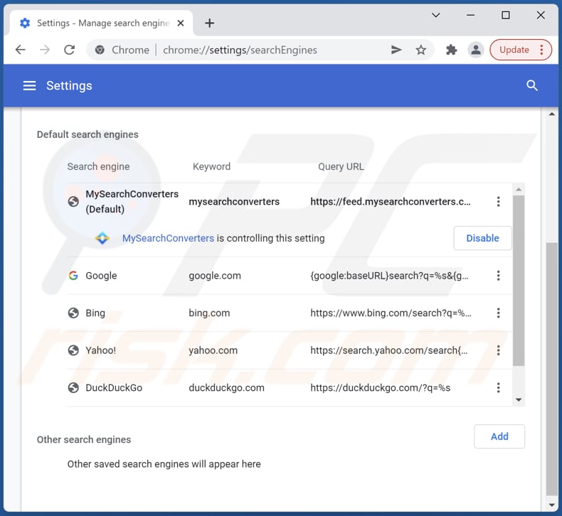 Eliminando mysearchconverters.com del motor de búsqueda predeterminado de Google Chrome