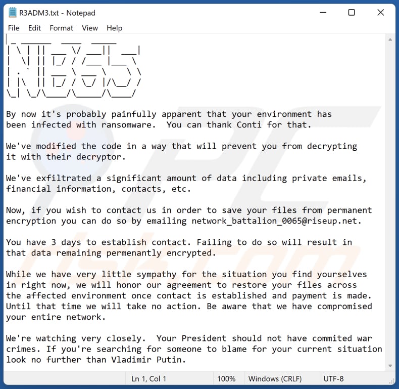 Archivo de texto del ransomware NB65 (R3ADM3.txt)