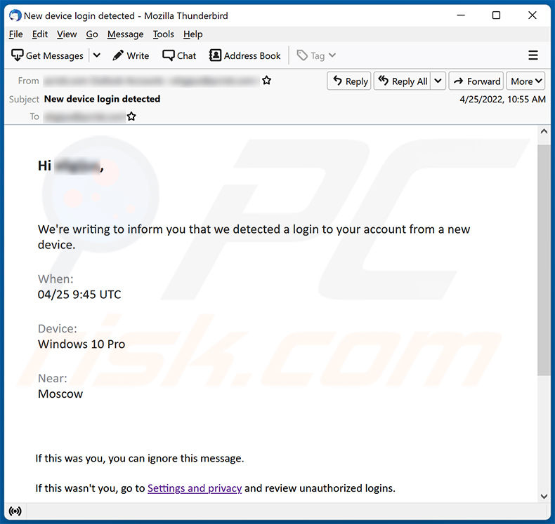 Estafa por correo electrónico we detected a login to your account from a new device (2022-04-26)