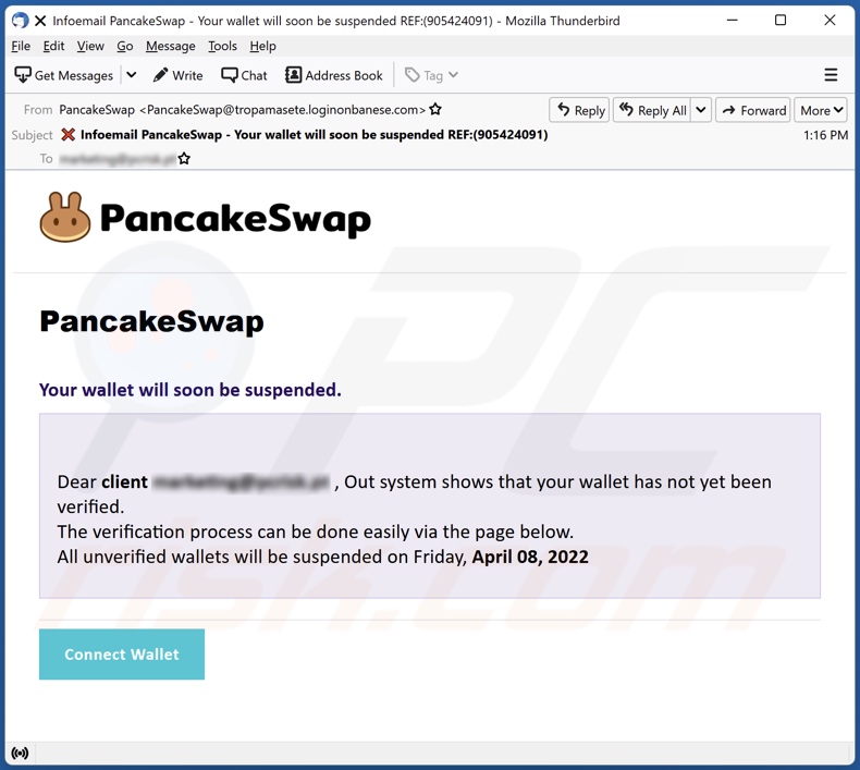 Campaña de spam por email PancakeSwap