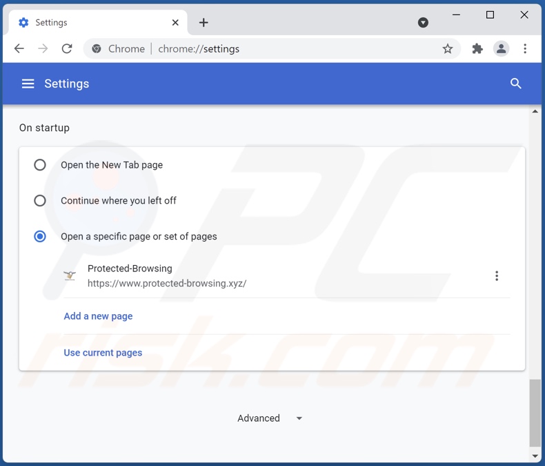 Eliminando protected-browsing.xyz de la página de inicio de Google Chrome