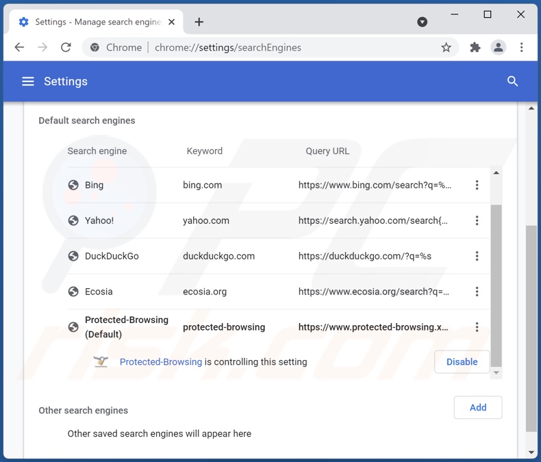 Eliminando protected-browsing.xyz del motor de búsqueda predeterminado de Google Chrome