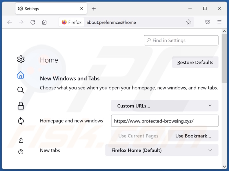 Eliminando protected-browsing.xyz de la página de inicio de Mozilla Firefox