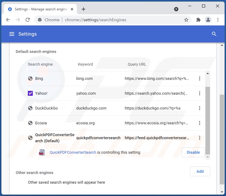 Eliminando quickpdfconvertersearch.com del motor de búsqueda predeterminado de Google Chrome