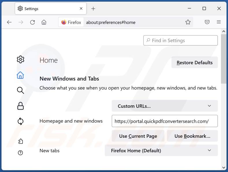 Eliminando quickpdfconvertersearch.com de la página de inicio de Mozilla Firefox