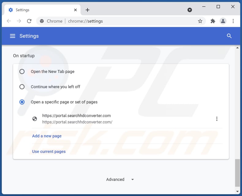 Eliminando searchhdconverter.com de la página de inicio de Google Chrome