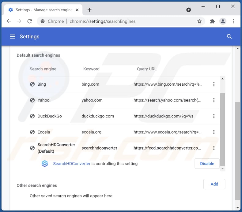 Eliminando searchhdconverter.com del motor de búsqueda predeterminado de Google Chrome