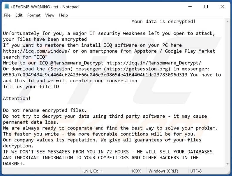 Archivo de texto del ransomware Session (+README-WARNING+.txt)