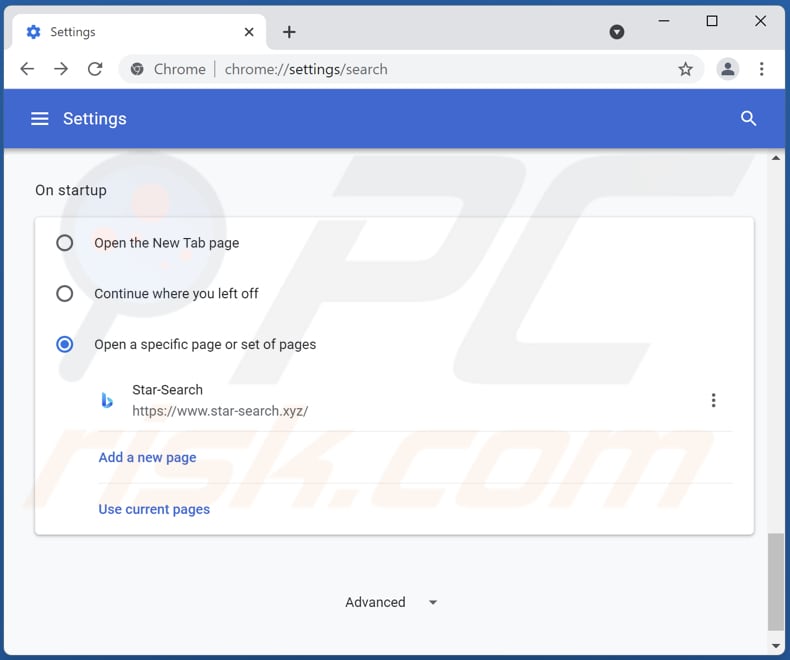 Eliminar star-search.xyz de la página de inicio de Google Chrome