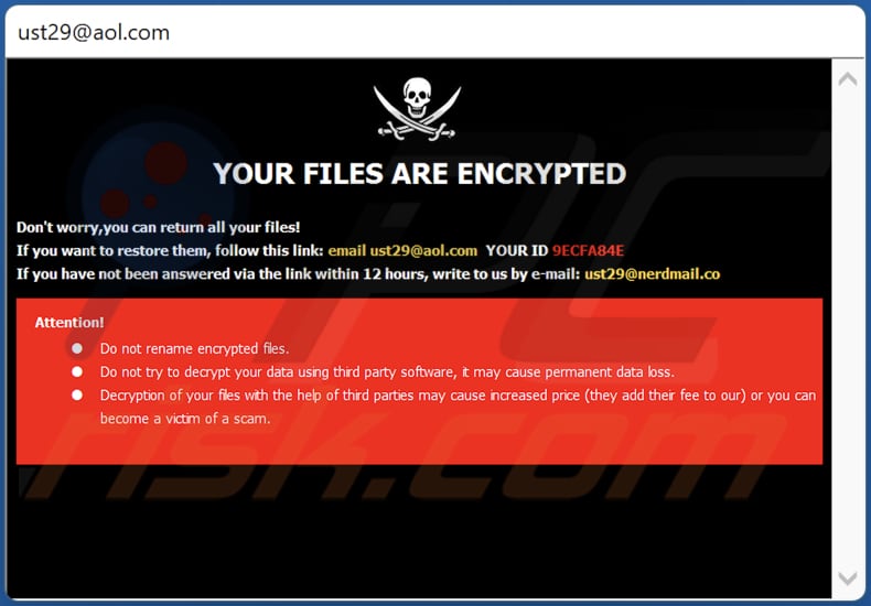 Ventana emergente de nota de rescate ransomware Ust29