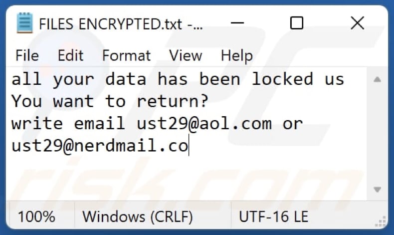 Nota de rescate del ransomware Ust29 (FILES ENCRYPTED.txt)
