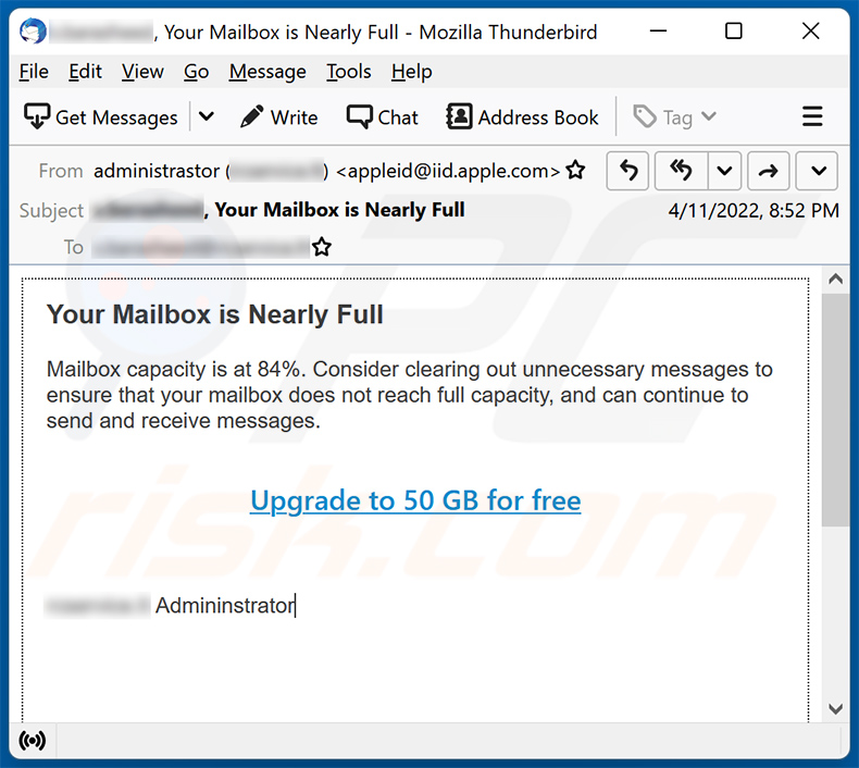 Correo electrónico de spam sobre la capacidad del buzón (2022-04-13)
