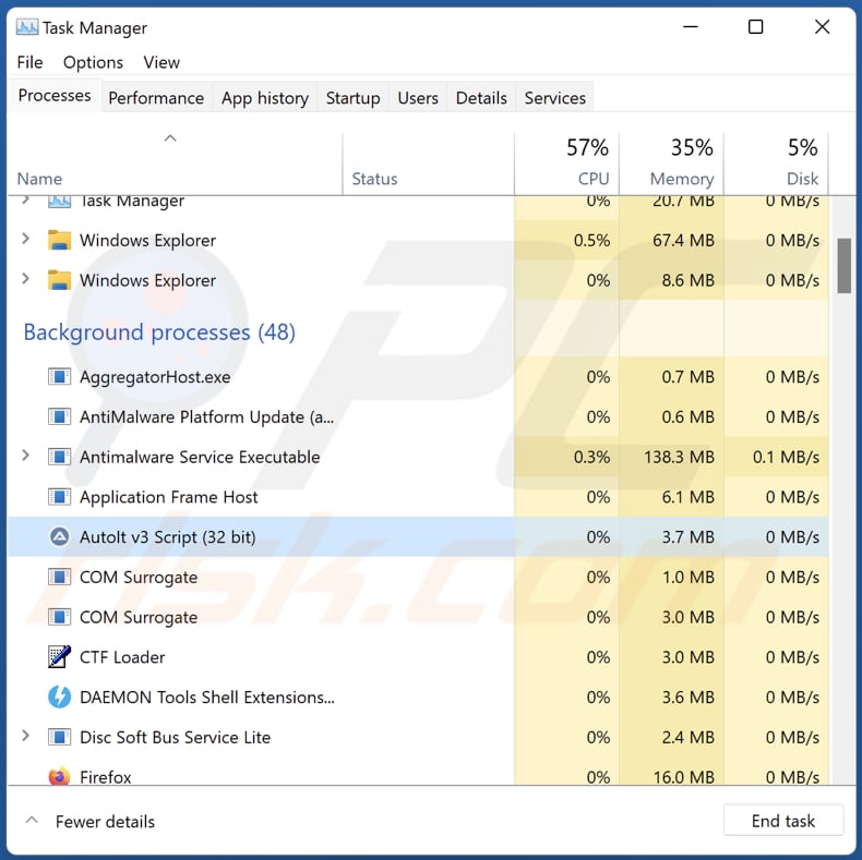 Clipper malware 3Ex2BJT2aiqDJKPAFeuWMbB4T6MhML384p que se ejecuta como secuencia de comandos autolt v3 en el Administrador de Tareas