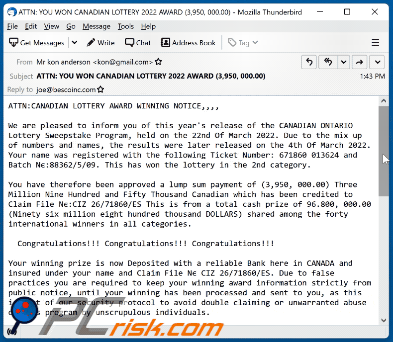 canadian lottery aparición de estafas por correo electrónico