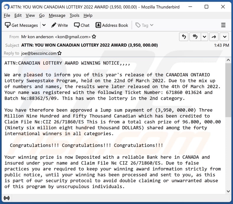 CANADIAN LOTTERY estafa por correo electrónico