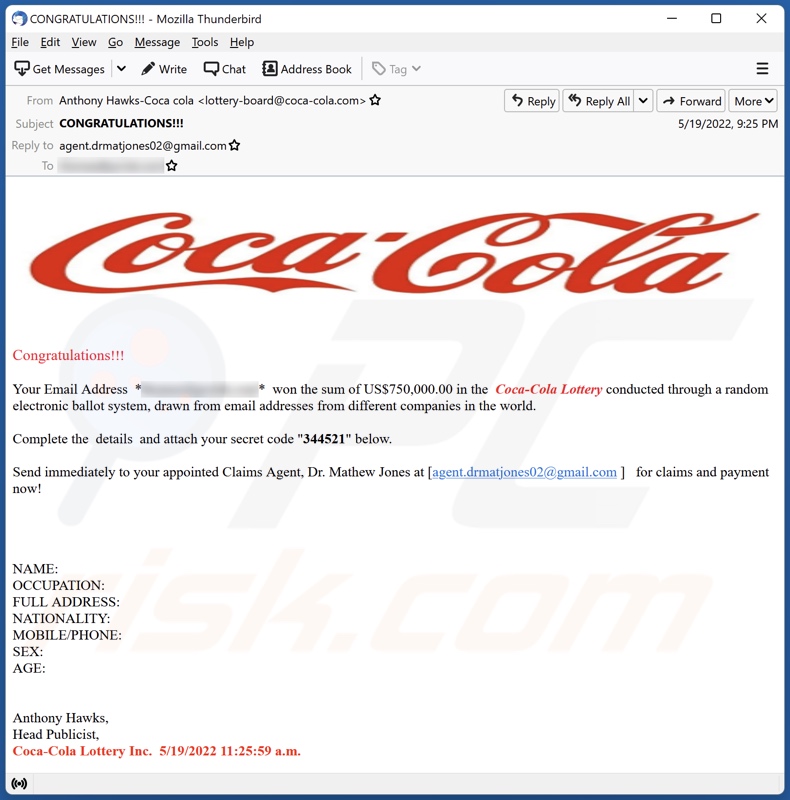 Campaña de spam por correo electrónico de Coca Cola Lottery