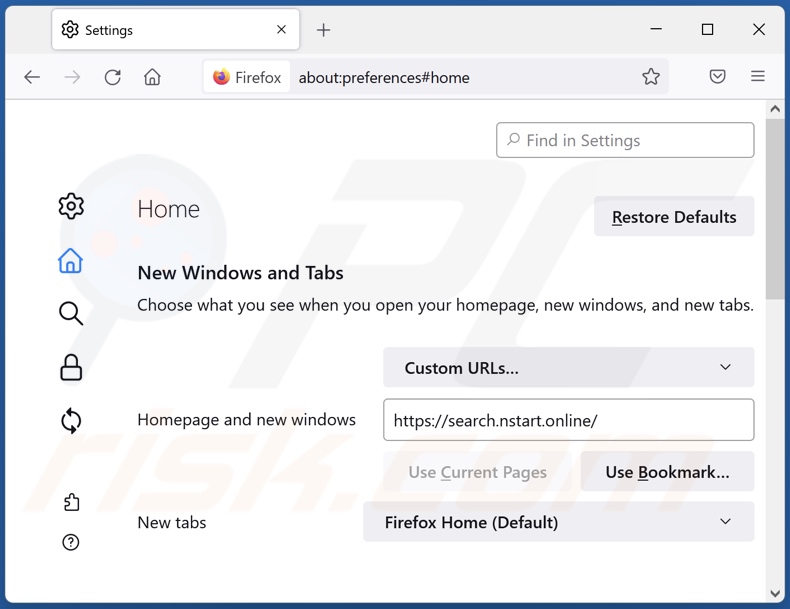 Eliminar search.nstart.online de la página de inicio de Mozilla Firefox