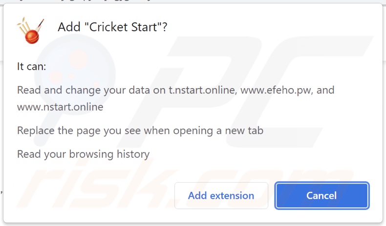 El secuestrador del navegador Cricket Start pidiendo permisos