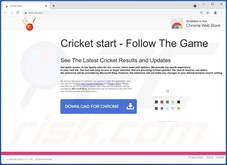 Sitio web utilizado para promocionar el secuestrador del navegador Cricket Start