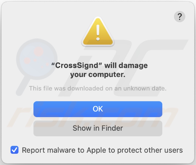 Ventana emergente que se muestra cuando se detecta la presencia del adware CrossSign
