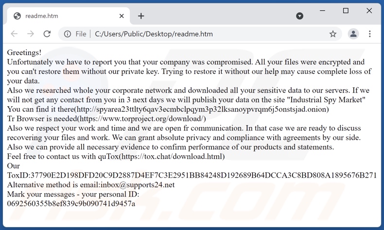 Mensaje de petición de rescate del ransomware Industrial Spy Market (readme.html)