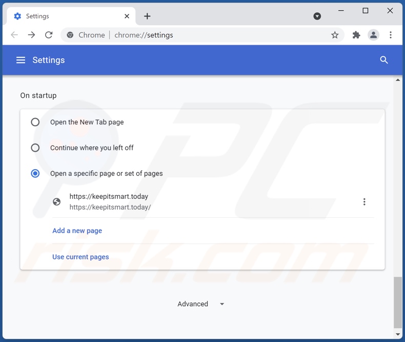 Eliminar keepitsmart.today de la página de inicio de Google Chrome