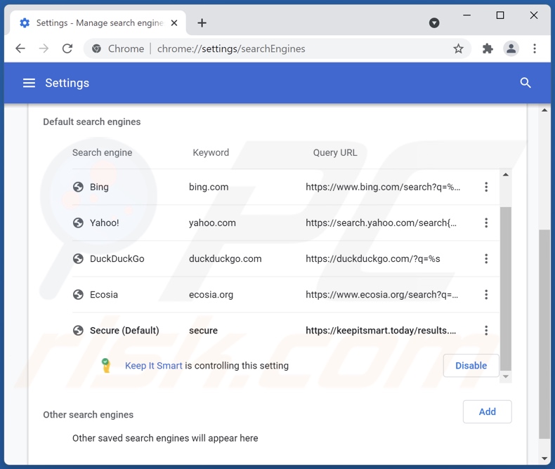 Eliminar keepitsmart.today del motor de búsqueda predeterminado de Google Chrome