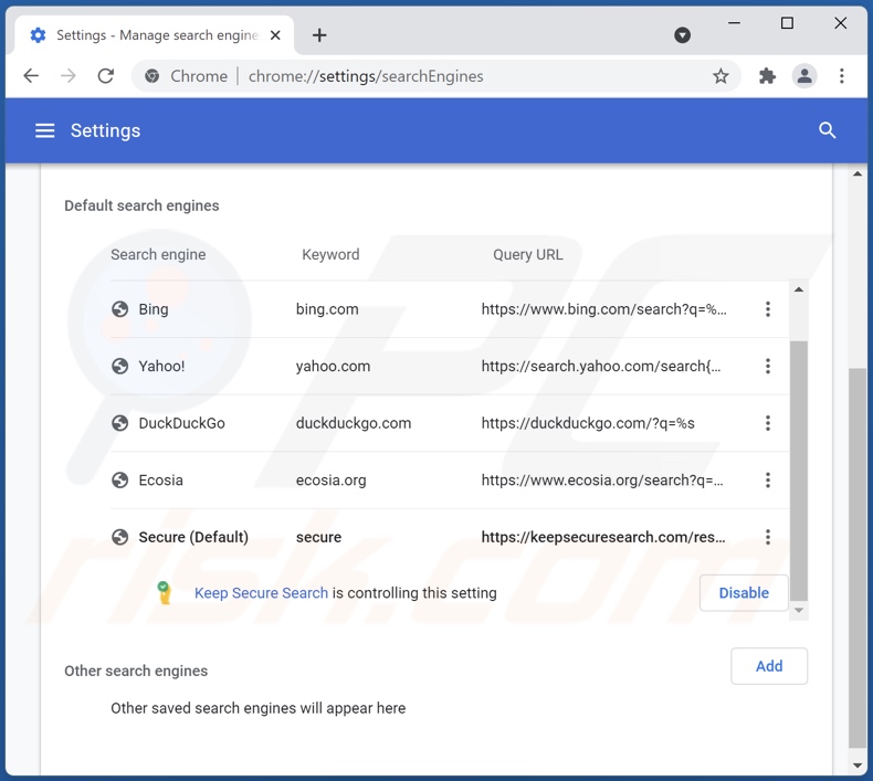 Eliminar keepsecuresearch.com del motor de búsqueda predeterminado de Google Chrome