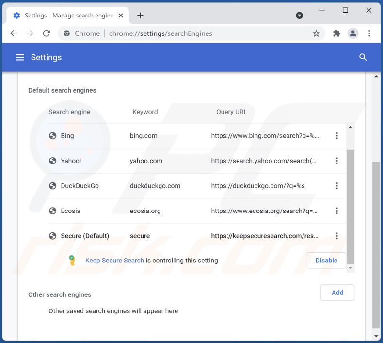 Eliminar keepsecuresearch.com del motor de búsqueda predeterminado de Google Chrome