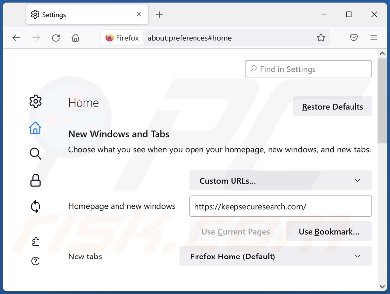 Eliminar keepsecuresearch.com de la página de inicio de Mozilla Firefox