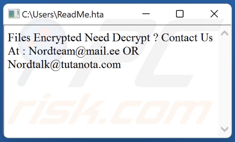 Archivo de texto del ransomware Nordteam (ReadMe.hta)