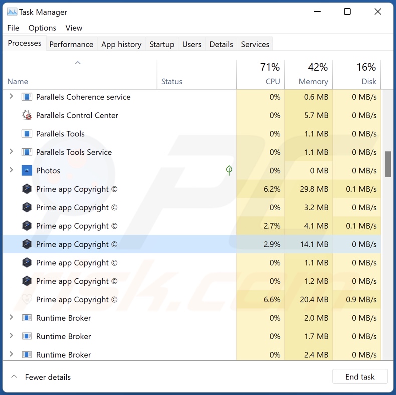 Proceso de adware Prime en el Administrador de Tareas (Prime app Copyright © - nombre del proceso)