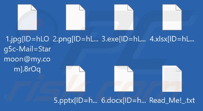 Archivos encriptados por el ransomware Starmoon (con cuatro caracteres aleatorios como extensión)