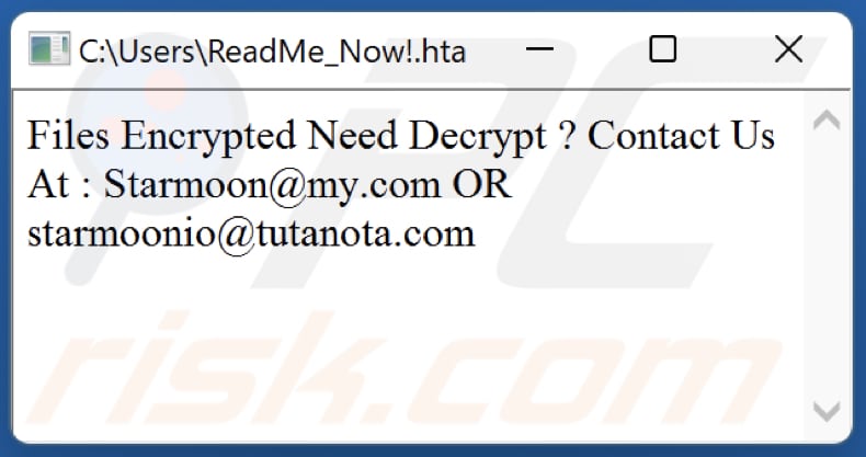 Nota de rescate en el archivo HTA del ransomware Starmoon