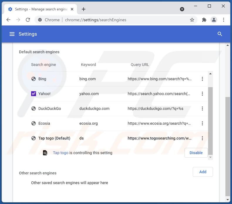 Eliminar togosearching.com del motor de búsqueda predeterminado de Google Chrome