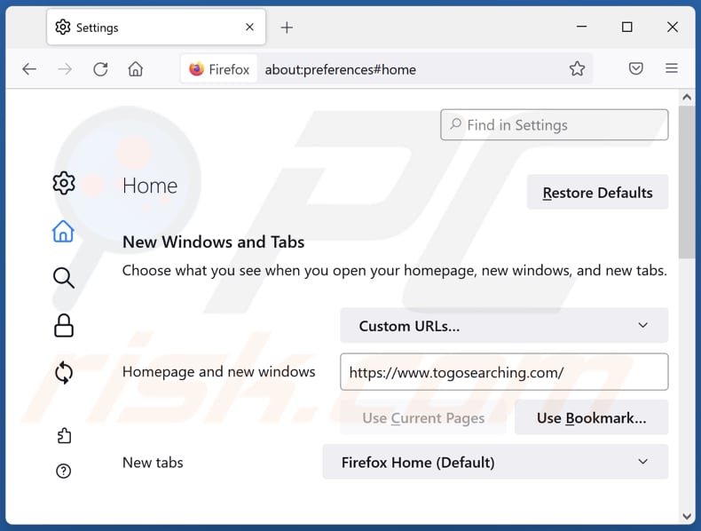 Eliminar togosearching.com de la página de inicio de Mozilla Firefox