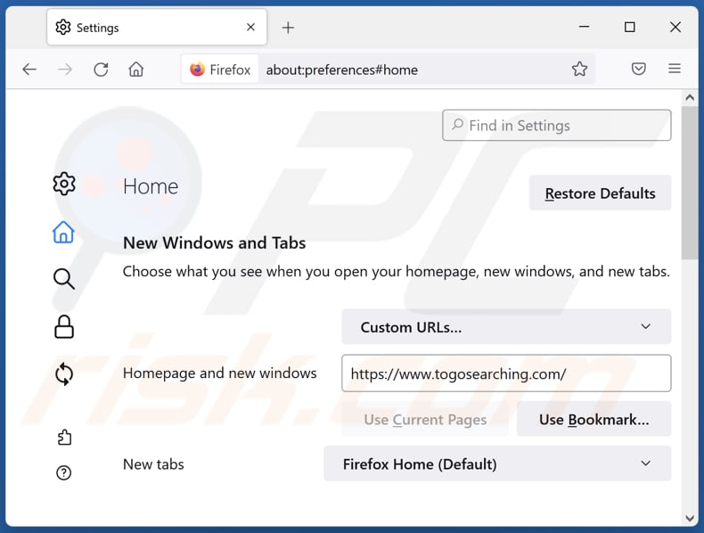 Eliminar togosearching.com de la página de inicio de Mozilla Firefox