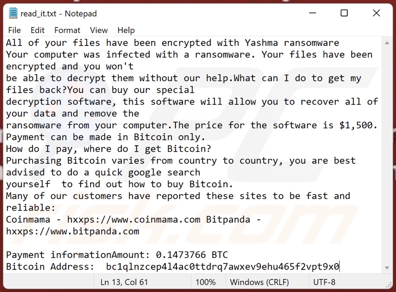 Mensaje de demanda de rescate del ransomware Yashma (read_it.txt)