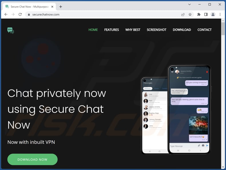 Sitio web que promueve el spyware Bahamut (securechatnow.com)