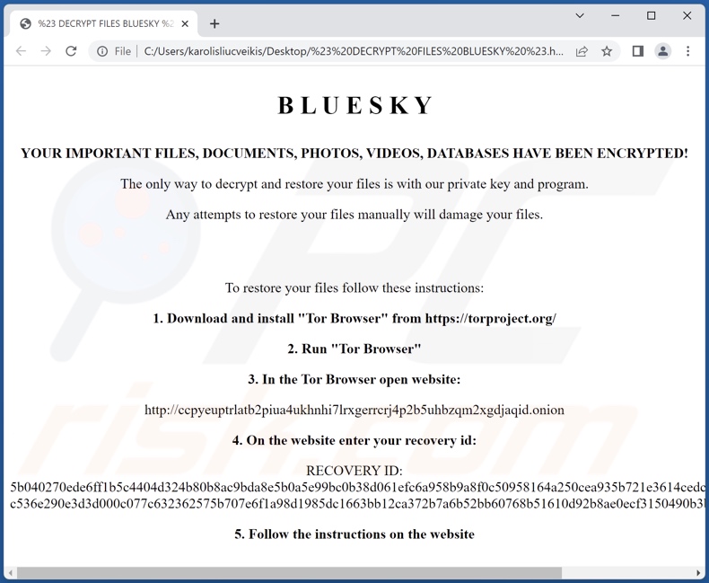 Mensaje del ransomware BlueSky exigiendo un rescate (# DECRYPT FILES BLUESKY #.html)