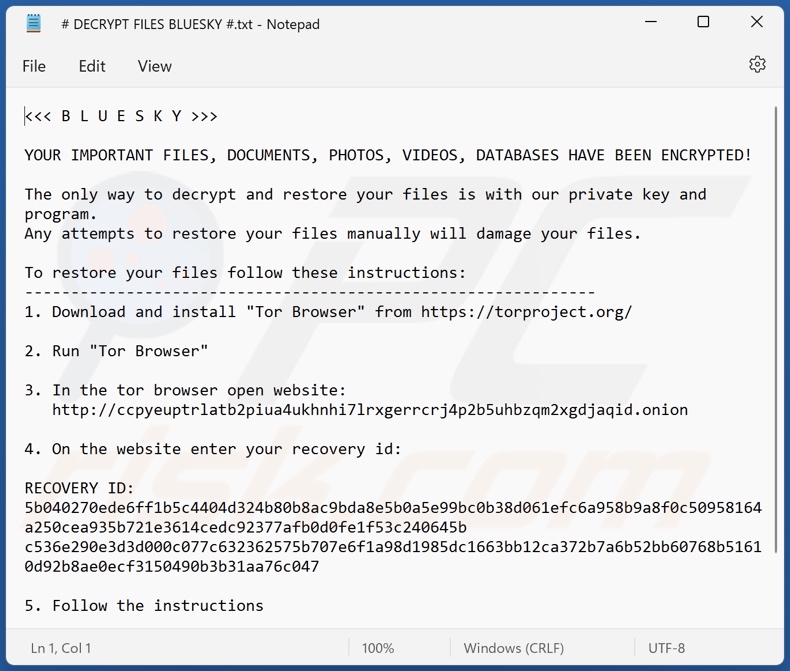 Archivo de texto del ransomware BlueSky (# DECRYPT FILES BLUESKY #.txt)