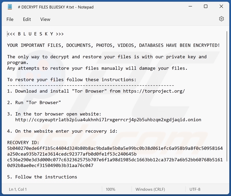 Archivo de texto del ransomware BlueSky (# DECRYPT FILES BLUESKY #.txt)