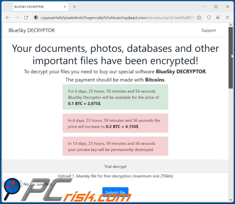 Sitio web Tor del ransomware BlueSky (GIF)
