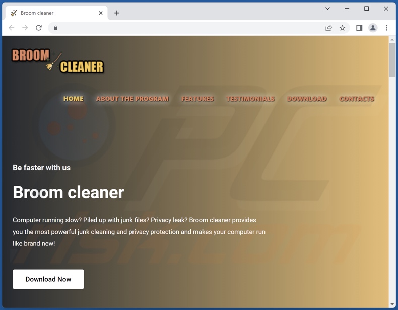Sitio web utilizado para promocionar la PUA Broom Cleaner